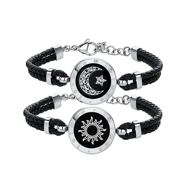 Sun&Moon Touch Bracelets With Braided Leather Rope (Black+Black)