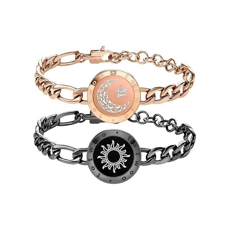 Sun&Moon Touch Bracelets With Figaro Chain (Black+Rose Gold)